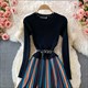 Women’S Knitted Patchwork Long Puff Sleeve Swing Dress