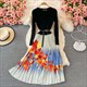 Women’S Knitted Patchwork Long Puff Sleeve Swing Dress