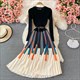 Women’S Knitted Patchwork Long Puff Sleeve Swing Dress
