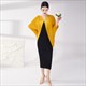 Fashion Women Pleated Dress Elegant Large Size Long Dress Loose Bat Sleeves Contrasting Color Stitching Straight Summer Spring