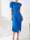 Pleated O-Neck Irregular Dress Solid Color Black Blue Khaki