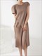 Pleated O-Neck Irregular Dress Solid Color Black Blue Khaki