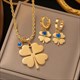 Earrings Necklace Set Four-Leaf Clover Stainless Steel Fashion Eyes Drop Pendant Daywear Jewelry For Women Lucky Turkish Blue
