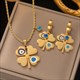 Earrings Necklace Set Four-Leaf Clover Stainless Steel Fashion Eyes Drop Pendant Daywear Jewelry For Women Lucky Turkish Blue