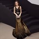 Elegant Perlen V-Ausschnitt Ärmellos Luxus Pailletten Schwarz Und Gold Abendkleid