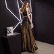 Elegant Perlen V-Ausschnitt Ärmellos Luxus Pailletten Schwarz Und Gold Abendkleid