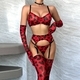 Leopard Fine Lace Lingerie Set With Stocking And Bra Thongs