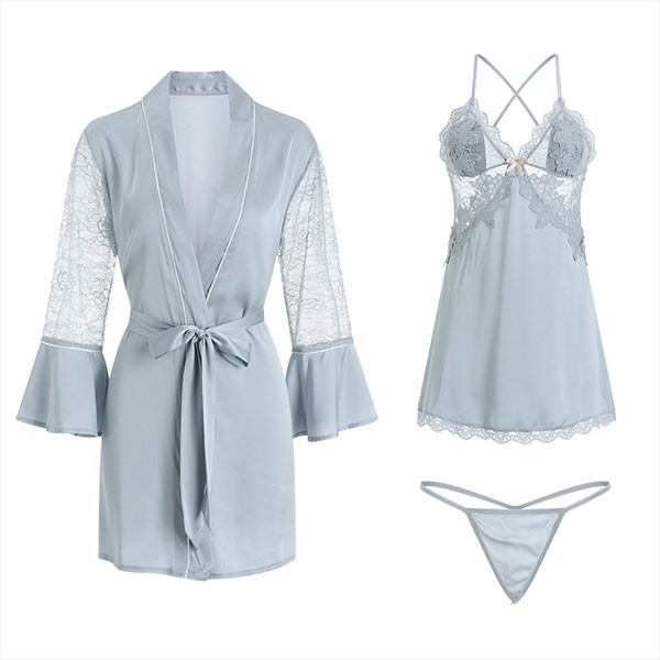 White Robe Y Sleepwear Women Lace Trim Nightgown Satin With Thong And ...
