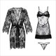 Blumenspitzen-Chemise-Nachthemd mit Rüschen, Mesh, Tanga und Bademantel-Set mit Gürtel