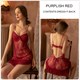 Blumenspitzen-Chemise-Nachthemd mit Rüschen, Mesh, Tanga und Bademantel-Set mit Gürtel