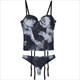 Glossy Print Push Up Garter Lingerie Set With Thongs